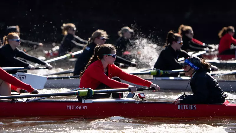 Rutgers rowing on the Raritan River against Temple and Princeton Lightweights in preseason scrimmage action