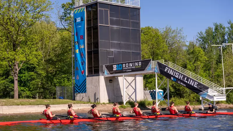 Rutgers women's rowing on the Big Ten course at Eagle Creek Resevoir in Indianapolis, Indiana