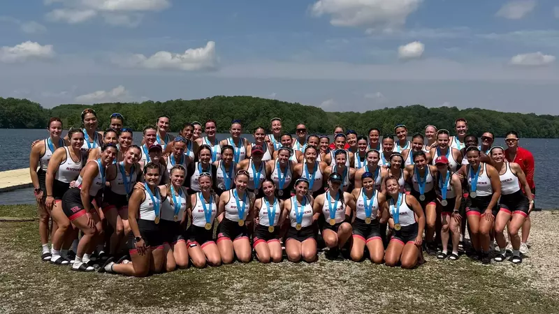 The 2026 Rutgers women's rowing team at the conclusion of the Big Ten Championships
