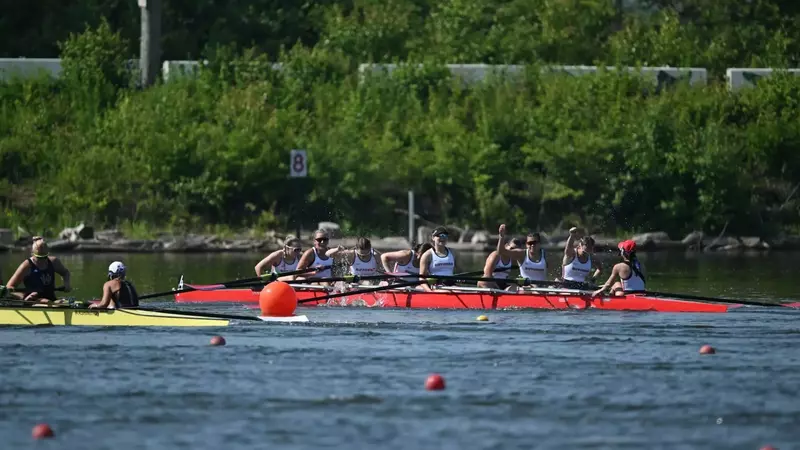 Rutgers' 3V8 after crossing the finish line in first at the 2026 Big Ten Championships at Eagle Creek Reservoir in Indianpolis, Indiana
