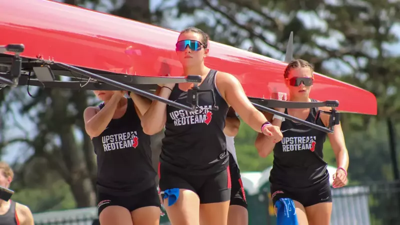 Rutgers women's rowing preparing for prechampionship practice in Gainesville, Georgia on the eve of the NCAA Championships