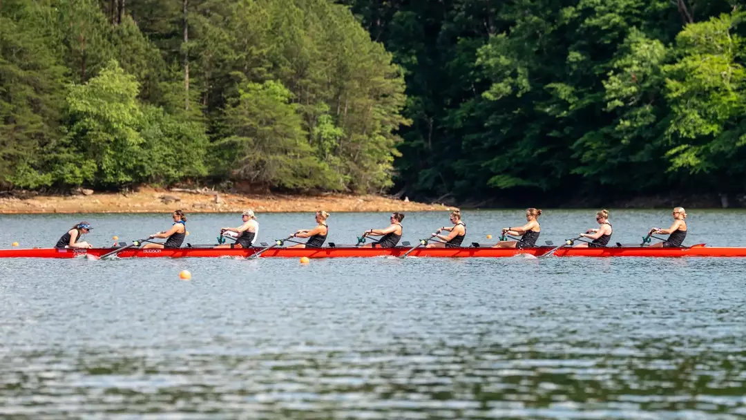 The Rutgers Varsity 8 at NCAA pre-championship practice on Lake Lanier in Gainesville, Georgia