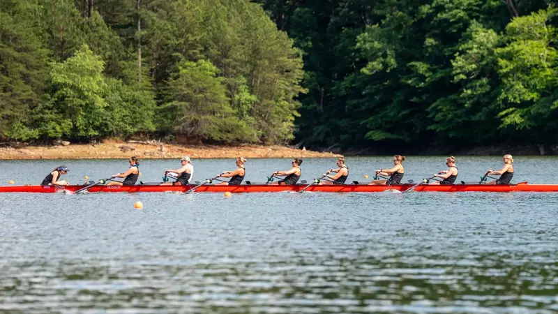 The Rutgers Varsity 8 at NCAA pre-championship practice on Lake Lanier in Gainesville, Georgia