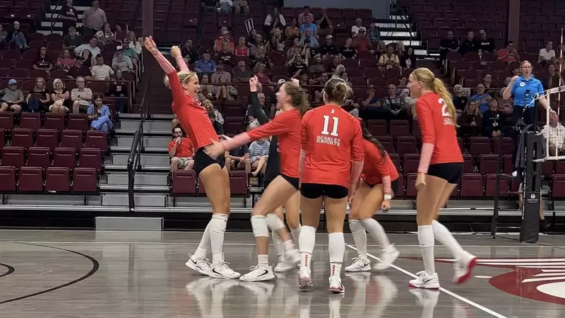 Karis Willow celebrates after serving up her seventh ace for match point in the win over Bellarmine