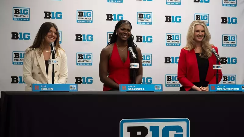 Lily Bolen, Aspen Maxwell and Caitlin Schweihofer address the media at 2026 Big Ten Volleyball Media Day