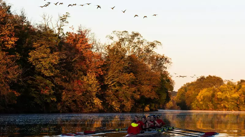 Rutgers women's rowing on the Raritan River in the fall of 2025