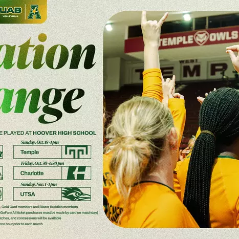 UAB Volleyball to Play First Six Home Matches at Hoover High School Amid Bartow Arena Renovations