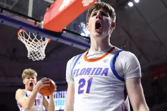 Alex Condon during the Gators' game against the Alabama Crimson Tide on senior night on Tuesday, March 5, 2024 at Exactech Arena at the Stephen C. O'Connell Center in Gainesville, FL / UAA Communications photo by Maddie Washburn
