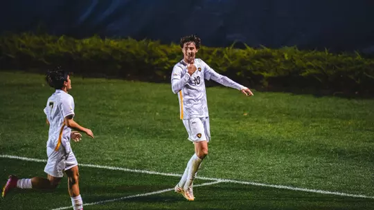 Julen Recalde celebrates after scoring a goal against Coastal Carolina