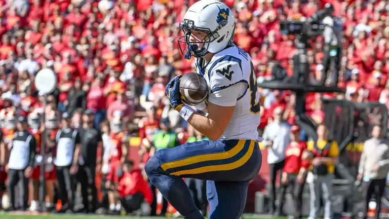 Cyrus Trough makes a first-quarter touchdown catch in West Virginia's game played against Iowa State in Ames, Iowa, on Saturday, Oct. 3, 2026.