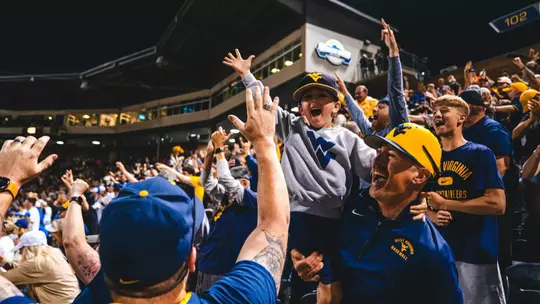 West Virginia fans celebrate the Mountaineers' walk-off, 6-5 victory over Kentucky in the deciding game of the Morgantown Regional played at Kendrick Family Ballpark on Monday, June 1, 2026.
