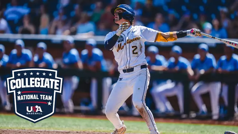 Gavin Kelly takes a swing against UNC with the Team USA Collegiate National Team Logo featured