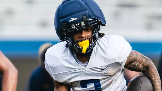 Senior wide receiver DJ Epps makes a catch during a 2026 spring practice inside Milan Puskar Stadium.