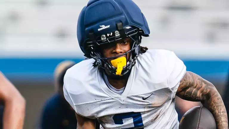 Senior wide receiver DJ Epps makes a catch during a 2026 spring practice inside Milan Puskar Stadium.