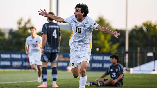 Julen Recalde celebrates a goal against St. Bonaventure