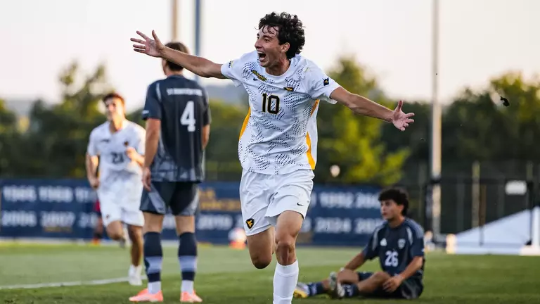 Julen Recalde celebrates a goal against St. Bonaventure