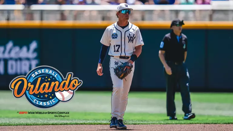 Matt Ineich in the College World Series with the Orlando Baseball Classic logo
