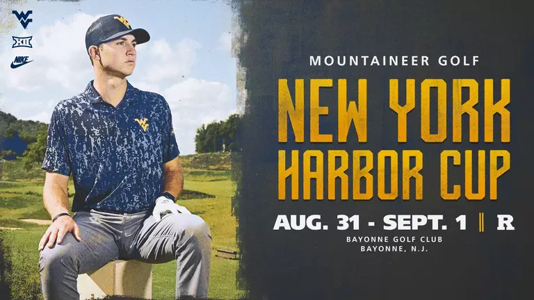 A graphic previewing the WVU golf season opener in New Jersey