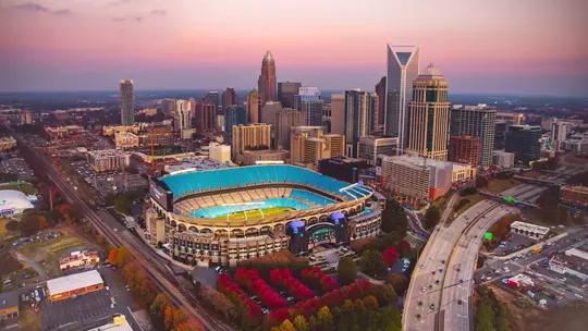 An aerial photo of Bank of America Stadium, site of the 2026 Duke's Mayo Classic featuring Virginia and West Virginia.