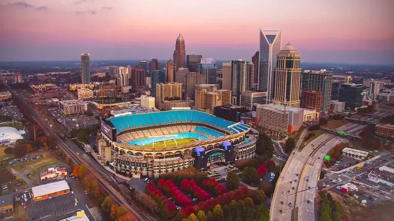 An aerial photo of Bank of America Stadium, site of the 2026 Duke's Mayo Classic featuring Virginia and West Virginia.
