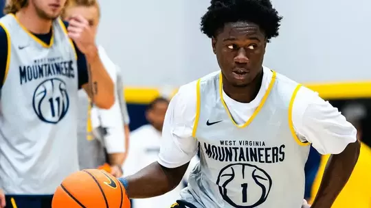 West Virginia freshman guard Miles Sadler takes part in a preseason practice at the Basketball Practice Facility in Morgantown, West Virginia.