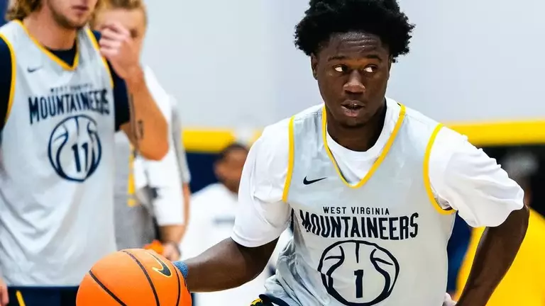West Virginia freshman guard Miles Sadler takes part in a preseason practice at the Basketball Practice Facility in Morgantown, West Virginia.