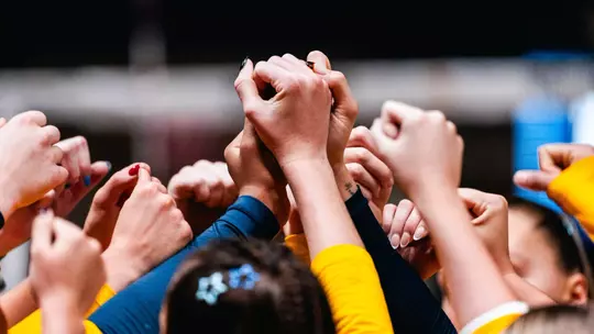 WVU Volleybal team huddles in the VCU match in the West Virginia Invitational