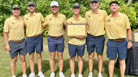 A picture of WVU posing with their runner-up trophy at the Island Resort Collegiate