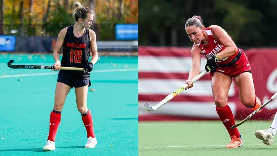 Leah Horwitz, in a Maryland uniform, and Elen Nicholls, in an Indiana University uniform