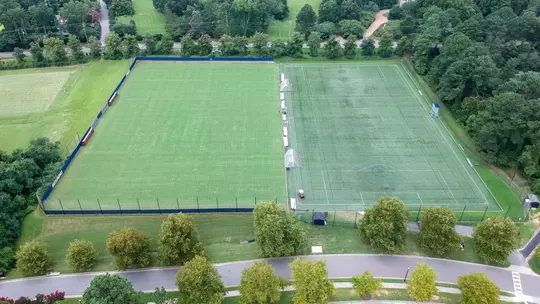 Aerial shot of President's Field at River Road, showing the soccer and lacrosse fields