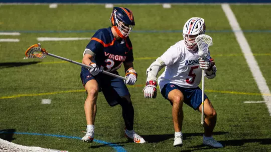 Aidan O'Neil works past his defender in Richmond's 18-12 win over No. 13 Virginia on Feb. 14, 2026