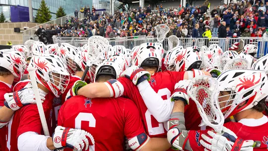Richmond men's lacrosse team huddles during its game against Notre Dame on April 4, 2026
