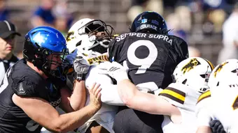 Oct 18, 2025; Colorado Springs-USAFA, CO, USA; Wyoming Cowboys defensive tackle Jayden Williams (98) against the Air Force Falcons at Falcon Stadium. Mandatory Credit: Troy Babbitt-UW Media-Athletics