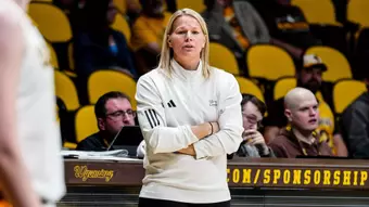 Oct 24, 2025; Laramie, WY, USA; Wyoming Cowgirls head coach Heather Ezell against the Fort Lewis Skyhawks at Arena-Auditorium. The Cowgirls beat the Skyhawks 54-51. Mandatory Credit: Troy Babbitt-UW Media-Athletics