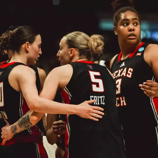 Denae Fritz looks at Bailey Maupin in the Lady Raider huddle during Texas Tech's NCAA Tournament loss at LSU.