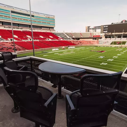 View from Jones AT&T Stadium's South End Zone Building of an empty stadium.