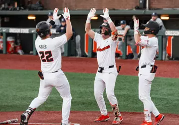 Jacob Krieg celebrates a home run on March 7, 2026