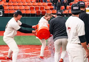 Easton Talt gets water dumped on him after a walkoff win against Cal Poly on April 12, 2026