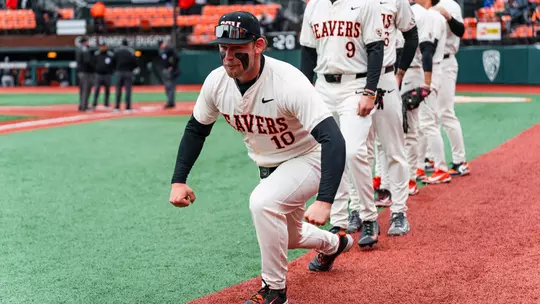 Bryce Hubbard flexes before the Beavers' game against Cal Poly on April 12, 2026