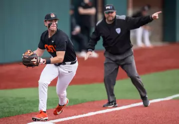 Paul Vazquez fields a ground ball at third base during the Beavers' series with Cal Poly in 2026