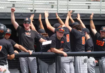 Oregon State celebrates after a scoring a run at Lamar on April 4, 2026