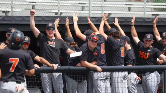 Oregon State celebrates after a scoring a run at Lamar on April 4, 2026
