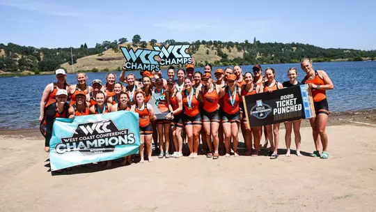 Women's rowing celebrates its second-consecutive WCC Championship.
