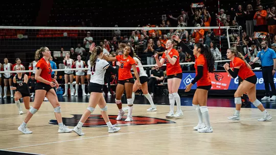 Team celebrating point.