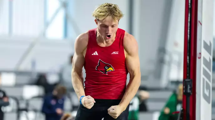 Ty McPhail celebrates after breaking the pole vault school record at the 2026 Rod McCravy Memorial Invitational
