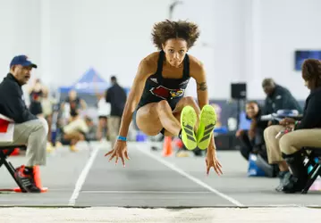 Athena Peterson long jumps at the 2026 Rod McCravy Memorial Invitational