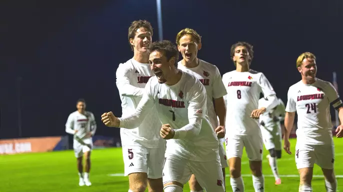Braydon Sellers celebrates game-winner at Syracuse.
