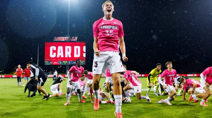 Cooper Olson celebrates after beating NC State 2-1 at the Dr. Mark and Cindy Lynn Stadium on October 2.