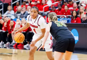 Mackenly Randolph dribbles the ball up the court during the game against Vermont in the first round of NCAA tournament at the KFC YUM! Center on March 21st, 2026.