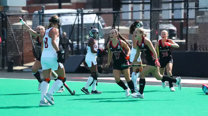 Louisville Field Hockey celebrates goal against Stanford